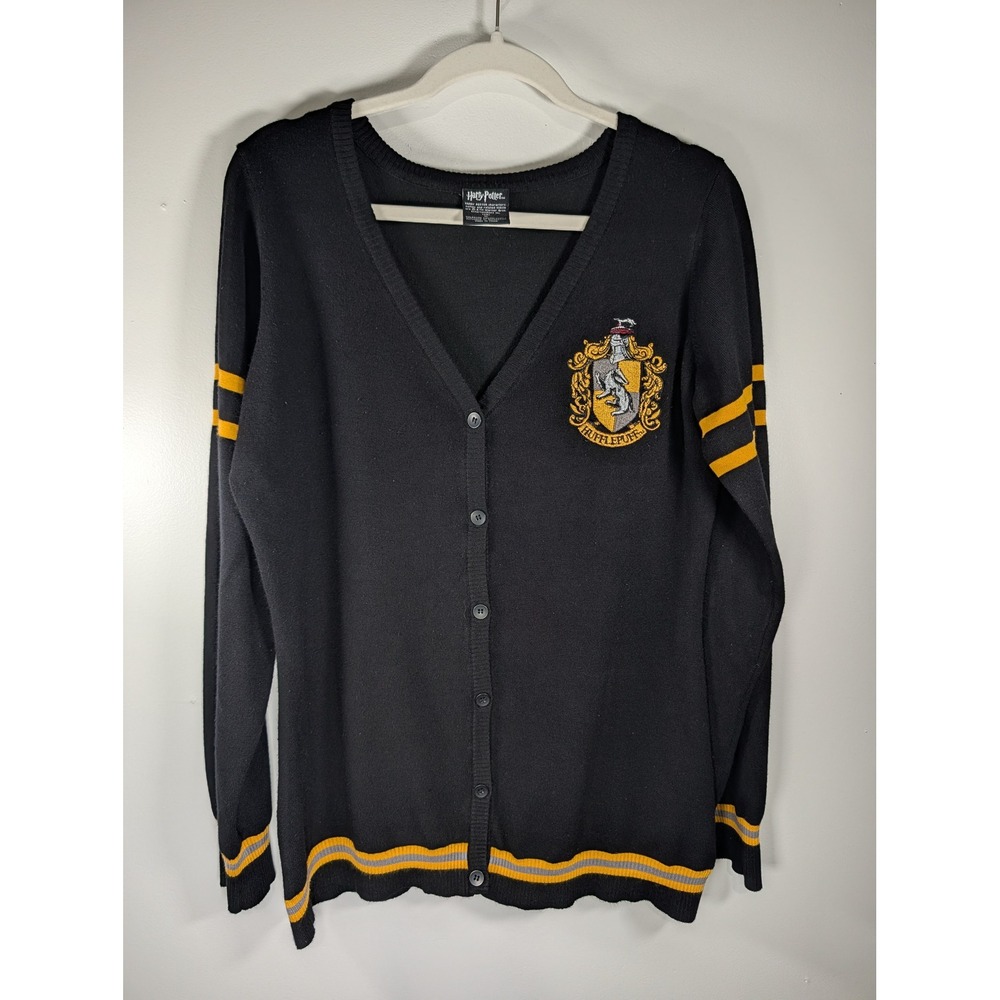 Harry Potter Hufflepuff Cardigan Sweater Black Yellow Crest XL Warner Bros